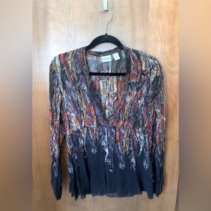 Chico’s, size 1. Sheer multi-colored v-neck.